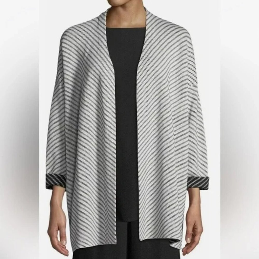 Eileen Fisher Cardigan Sweater Medium Black White Open Front Striped Silk Blend